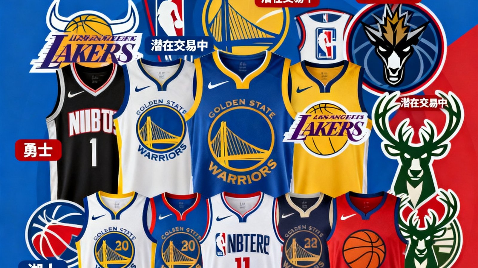 NBA转会市场传闻示意图，多件球衣排列在交易桌上，背景是各队队徽交错排列，暗示多支球队正在酝酿重磅交易